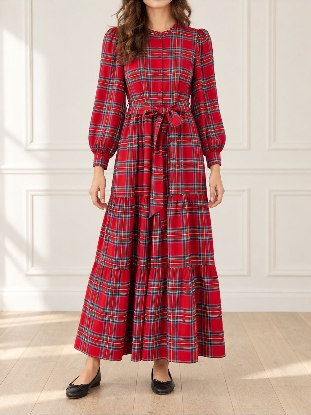 Boden Alba Maxi Dress US 2 Petite Red Tartan Plaid Belted Long Sleeve Tiered